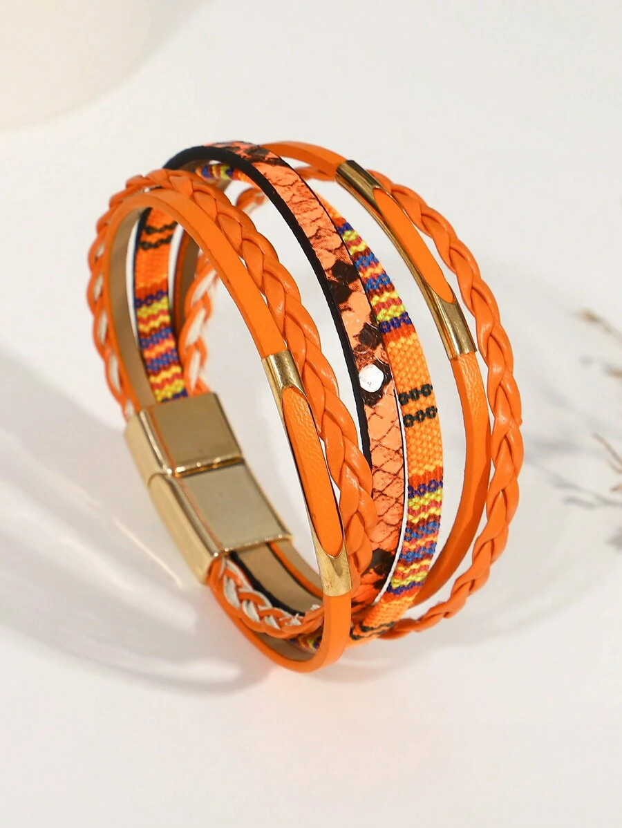 1 Peça Pulseiras Envolventes Laranja de Couro PU Múltiplas para Mulheres, Pulseiras Empilháveis para Aniversário, Festa Diária, Natal, Presentes de Jóias, Acessórios para Baile de Formatura/Páscoa, Jóias Femininas