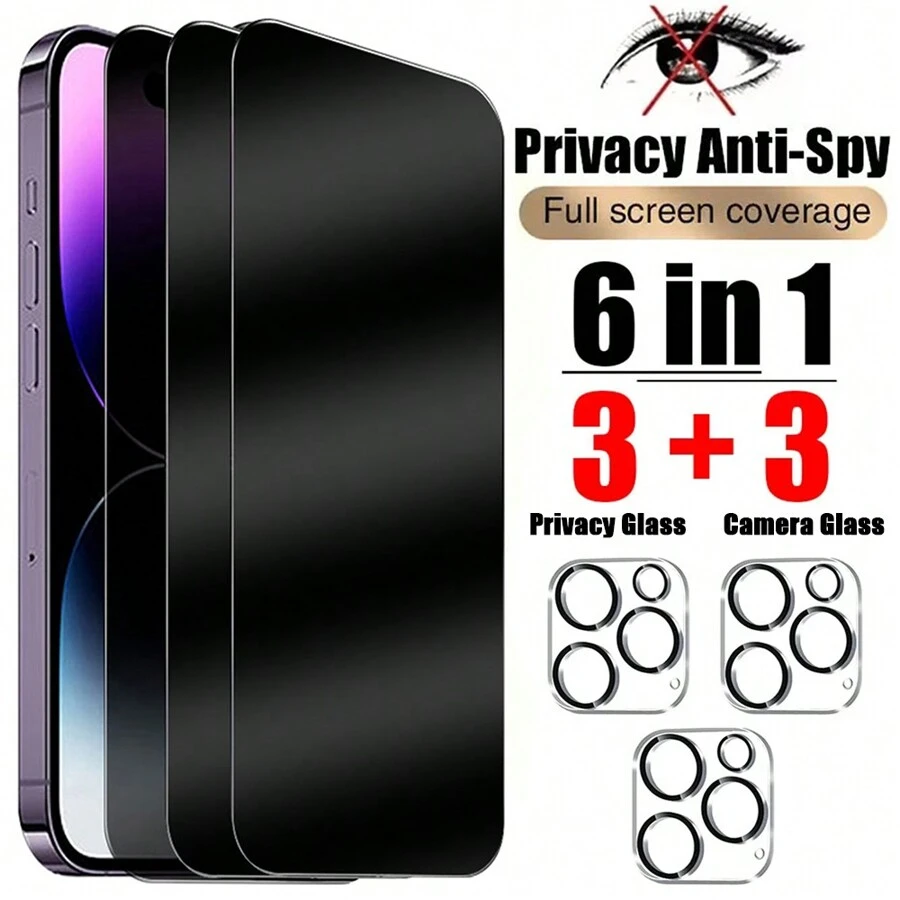 6in1 Privacy Screen Protector Tempered Glass With Phone Back Camera Glass Film Compatible With Iphone 16 15 14 13 12 11 Pro Max 3PCS Anti Spy Front Glass With 3PCS Camera Lens Glass