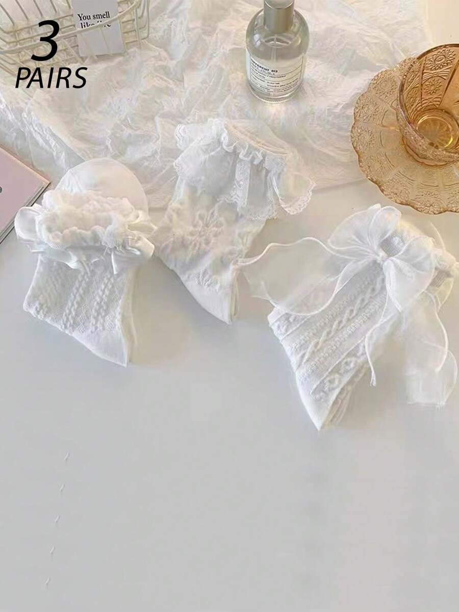 3pairs Women's Knee-High Socks White Lace Trim Bow Summer Thin Cute JK Princess Style