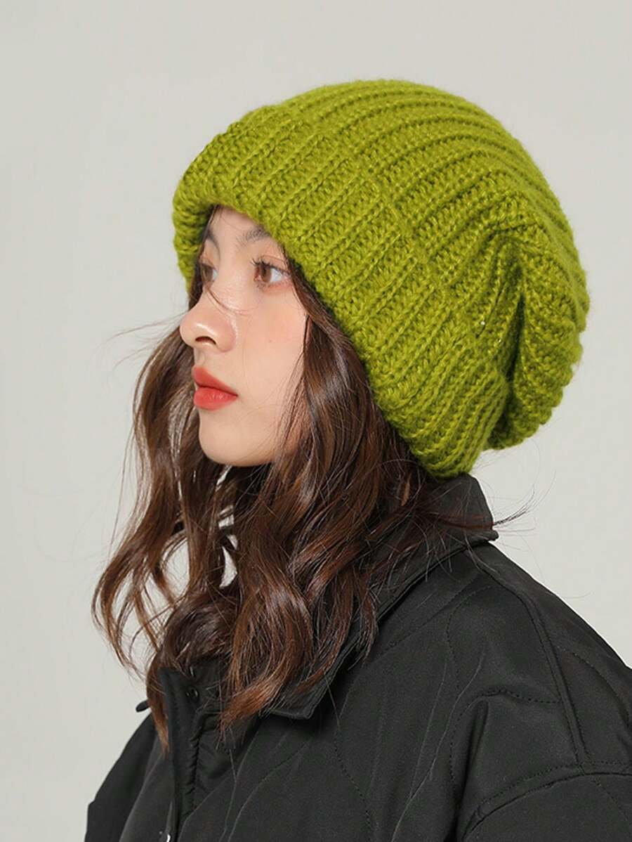 Bonnet tricoté classique rétro ample de couleur unie pour femmes, chapeau de ski épais et isolé pour l'hiver et l'automne