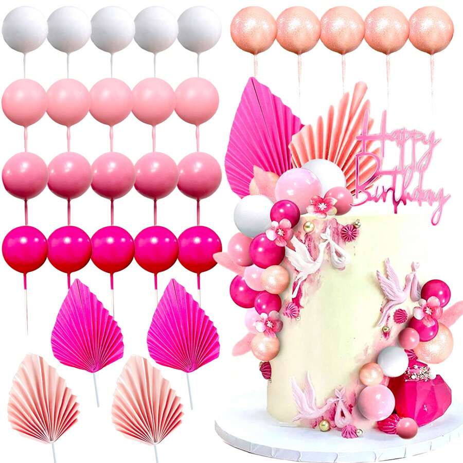 LaVenty 29 piezas Decoración de tarta con bolas rosas, hojas rosas chicle para decorar tartas, cumpleaños, despedida de soltera, boda, fiesta, Navidad