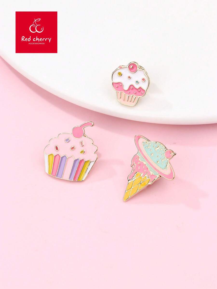 3pcs/Card Cute Girl Ice Cream Shaped Enamel Pins, Decorative Brooch For Clothes, Bags