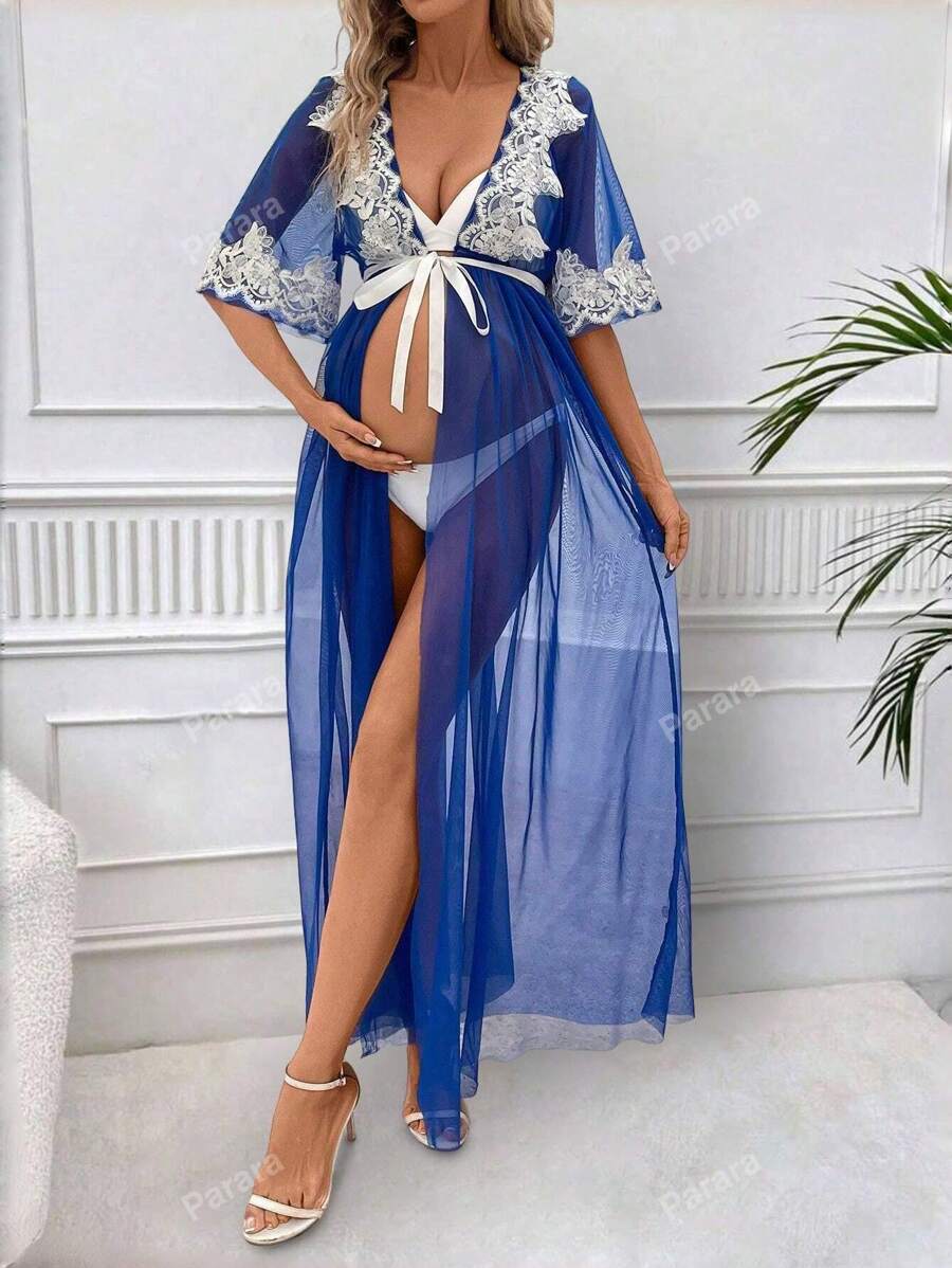 Maternity Contrast Lace Sheer Mesh Front-Tie Sexy Dress
