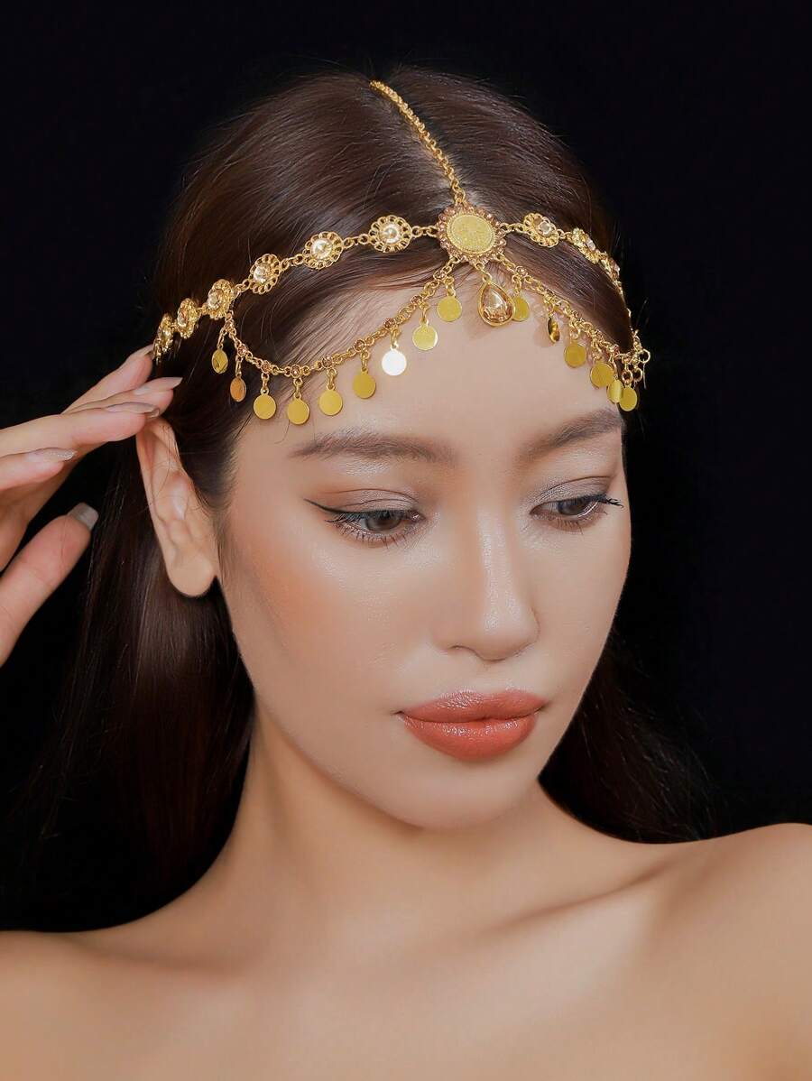 A Gold All-In-One Style Headchain, Dating Dinner Wedding And Other Important Pieces To Wear To Highlight The Elegant, The Use Of Zinc Alloy Material Inlaid With Champagne Rhinestone Water Drops Hanging Romantic Style Can Be Used As The Bride's Wedding Blessing Gift Birthday Gift