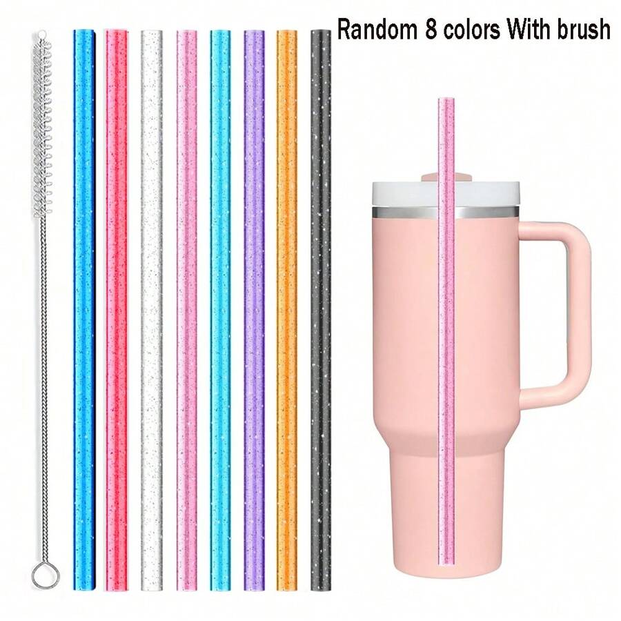 8 Pack-Reusable Glitter Hard Plastic Transparent Drinking Straws And Unbreakable 12 Inch 40oz Tumbler Cups, Straws With Cleaning Brush, Kitchen,Christmas Gift
