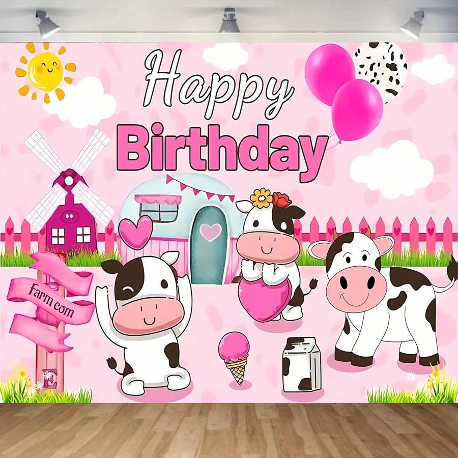 1 pièce Fond de scène d'anniversaire thème de la ferme avec vache de dessin animé "Joyeux anniversaire" - 100% polyester, sans plumes, adapté pour les fêtes et les séances photo, Noël