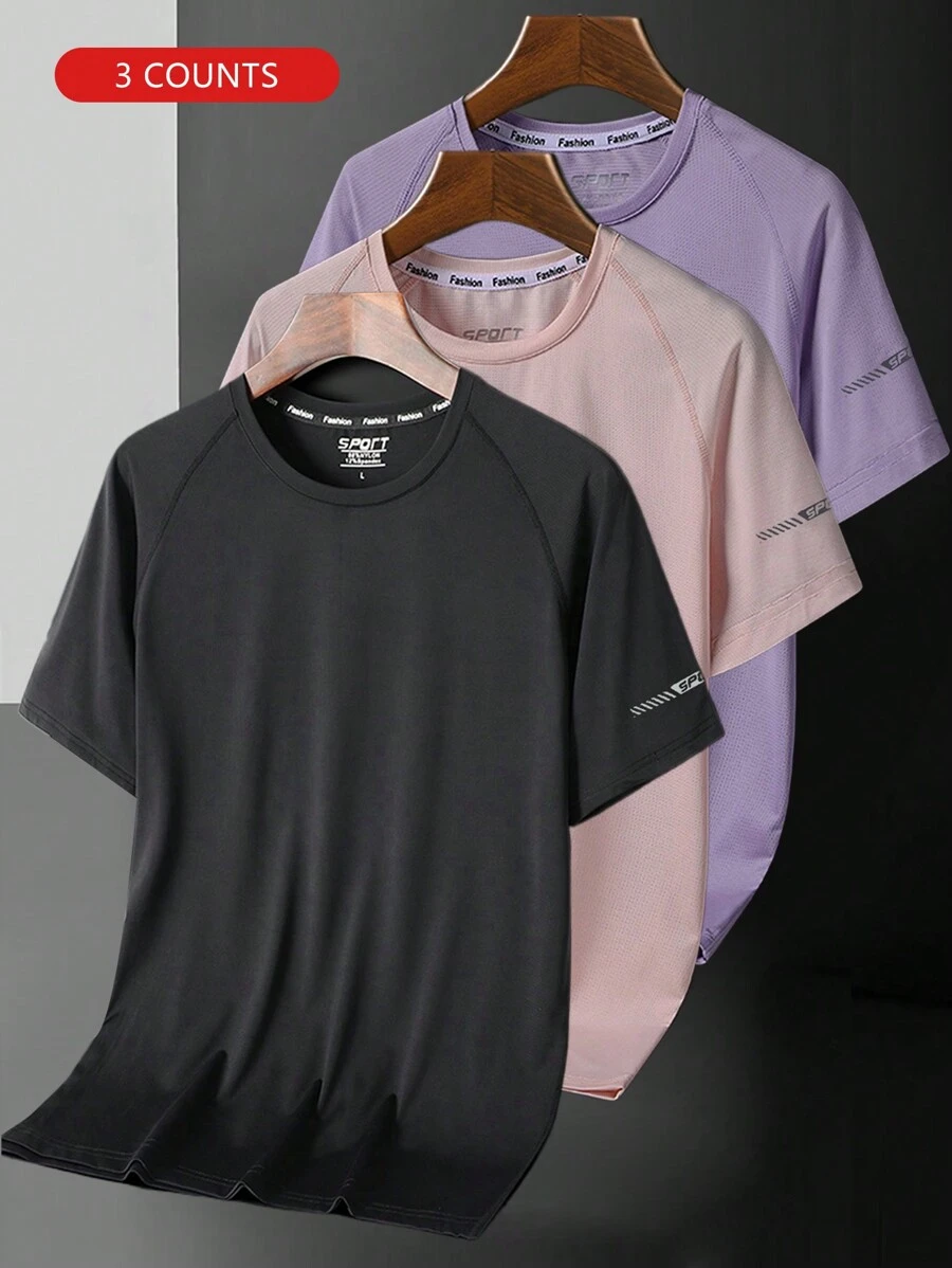 3pcs/Set Women Short Sleeve Letter Print Crew Neck Casual Outdoor Sports T-Shirts (Light Pink + Purple + Black)