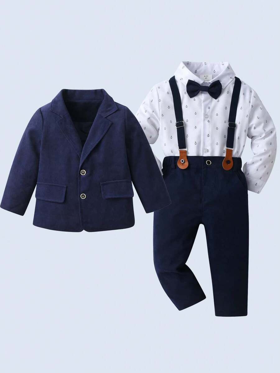 BOARNSEORL 3pcs/Set Young Boys Gentleman Outfit Random Printed Long Sleeve Shirt With Bowtie, Navy Blazer And Trousers, Elegant Fashion Suit For Birthday Party, Wedding, Ceremony