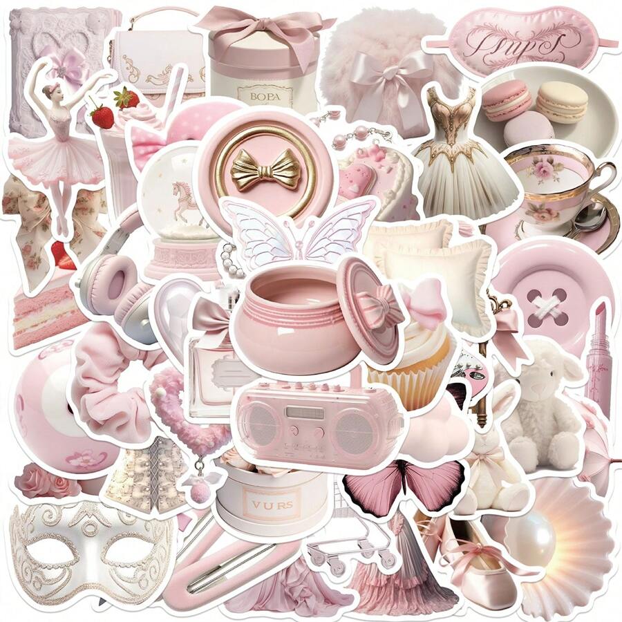 50 peças adesivos de balé rosa adesivos de estética de vinil álbum de recortes, diário, laptop, pára-choque, skate, garrafas de água, computador, telefone, desenho animado, capacete, adesivos de carro e decalques