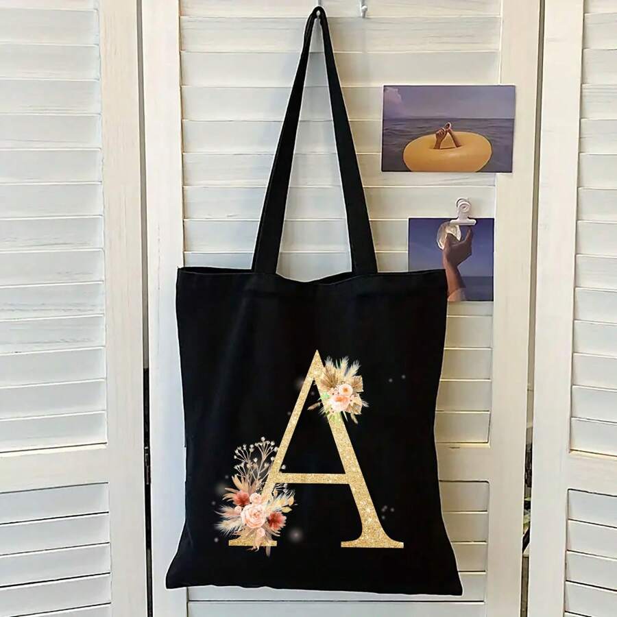 Sacola de Lona Preta Personalizada com Estampa Floral Dourada de Letra A-Z, Sacola de Compras da Moda, Bolsa de Uso Diário, Presente de Aniversário para Mulheres, Presente para Namorada, Lembrança Personalizada de Dama de Honra