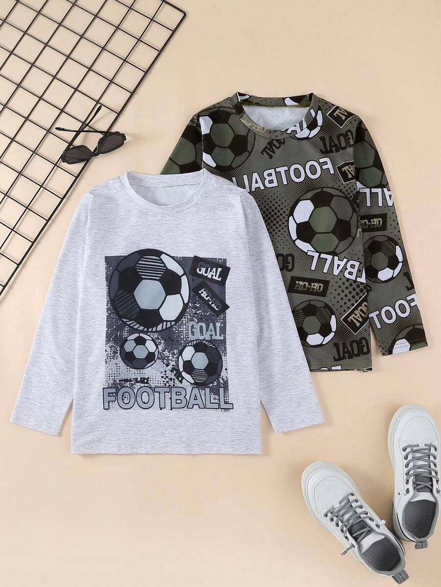 2 stuks Tween Boy Casual Football Patroon Ronde Hals Lange Mouw T-shirts, Grijs En Groen, Lente & Herfst