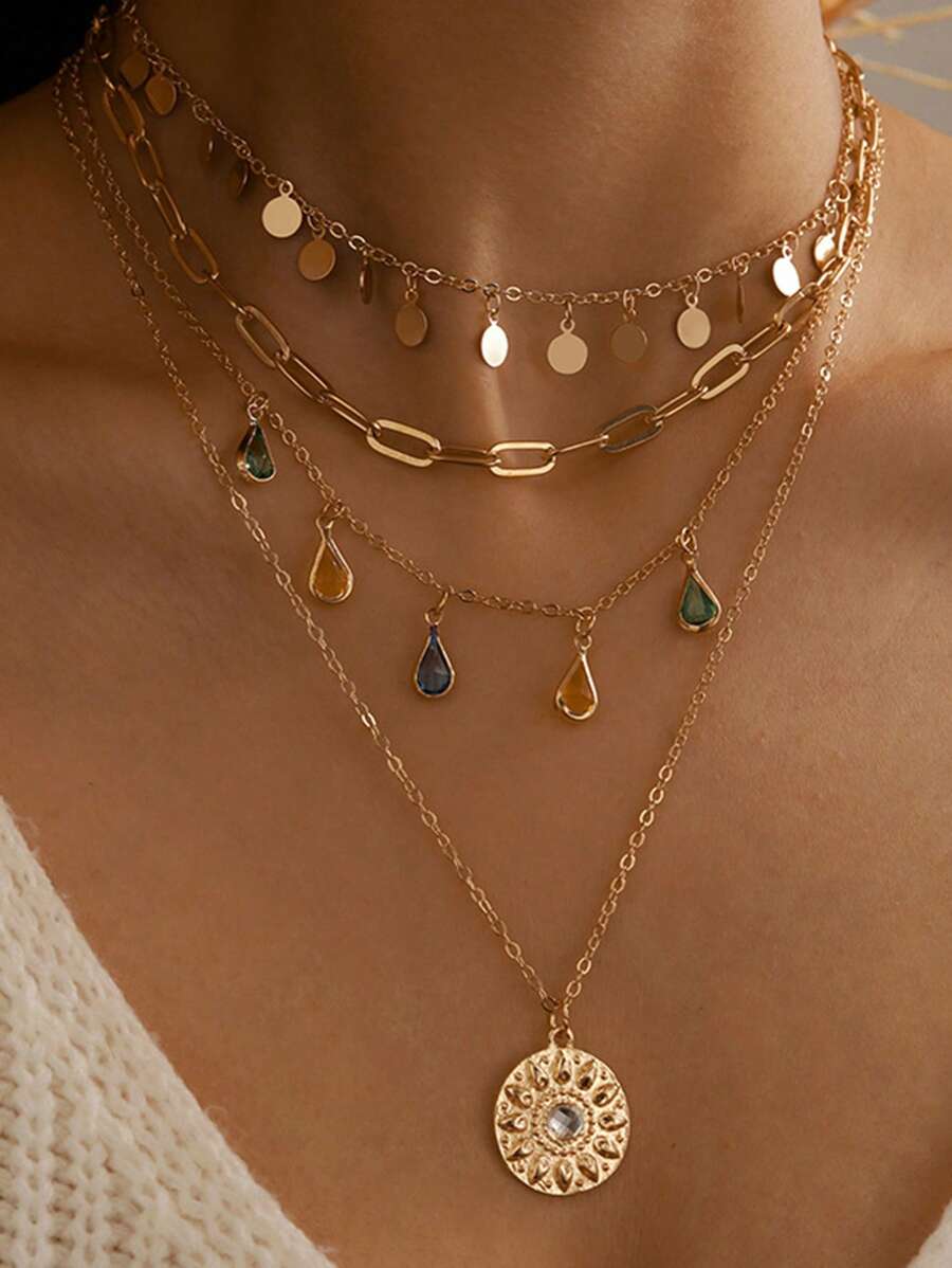 1 pièce Collier à franges géométrique circulaire, collier pendentif rond irrégulier à 4 couches avec franges en alliage et strass