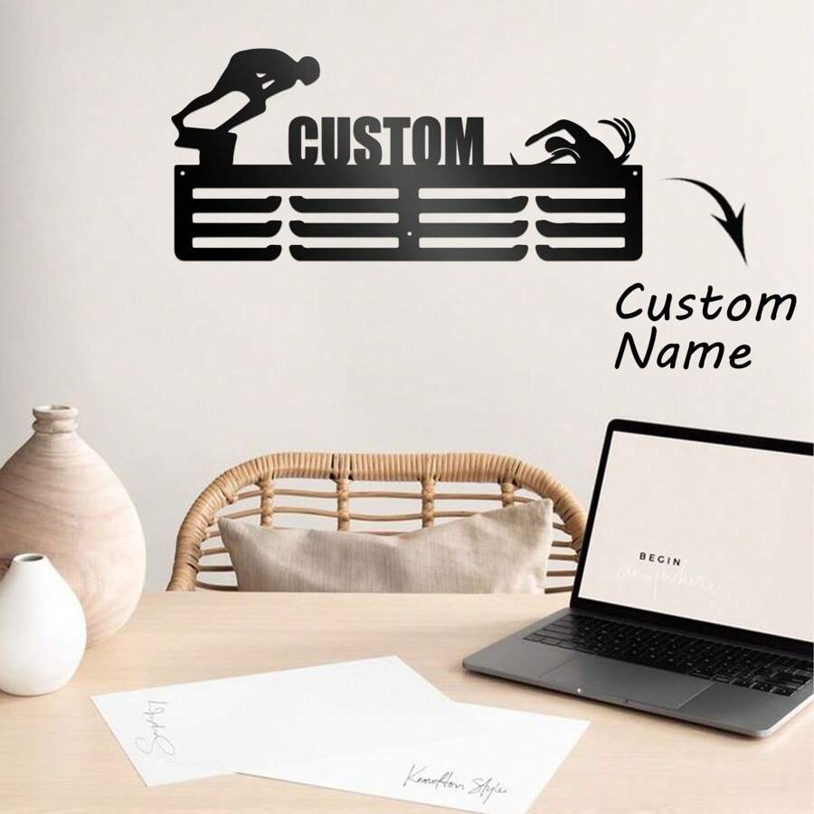 1 Stück, personalisierter Medaillenhalter Name, personalisierter Athleten Medaillenhalter, Medaille und Schleife, Metall-Athletenmedaillenständer, Geschenk für Freunde, personalisierte Medaillenwandkunst-Ständer