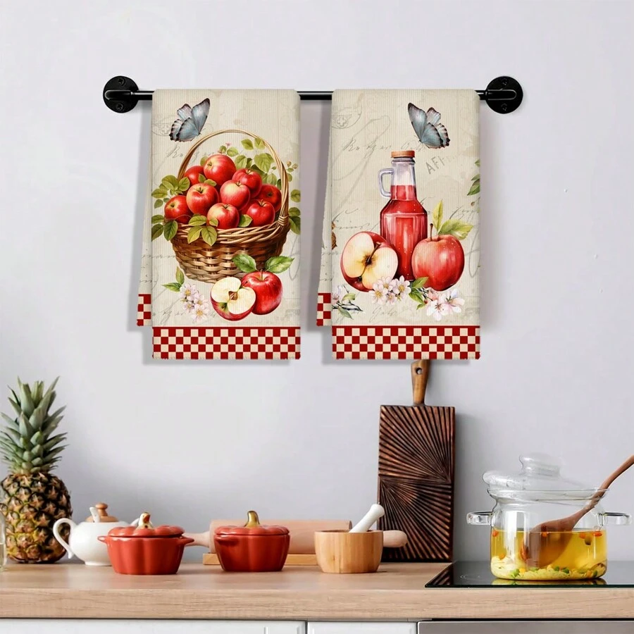 2 pièces Set de torchons à vaisselle avec imprimé de pomme et de fruits à l'aquarelle, chiffons de cuisine micro-fibres absorbants, chiffons de vaisselle de décoration de ferme pour Noël, cadeaux de pendaison de crémaillère