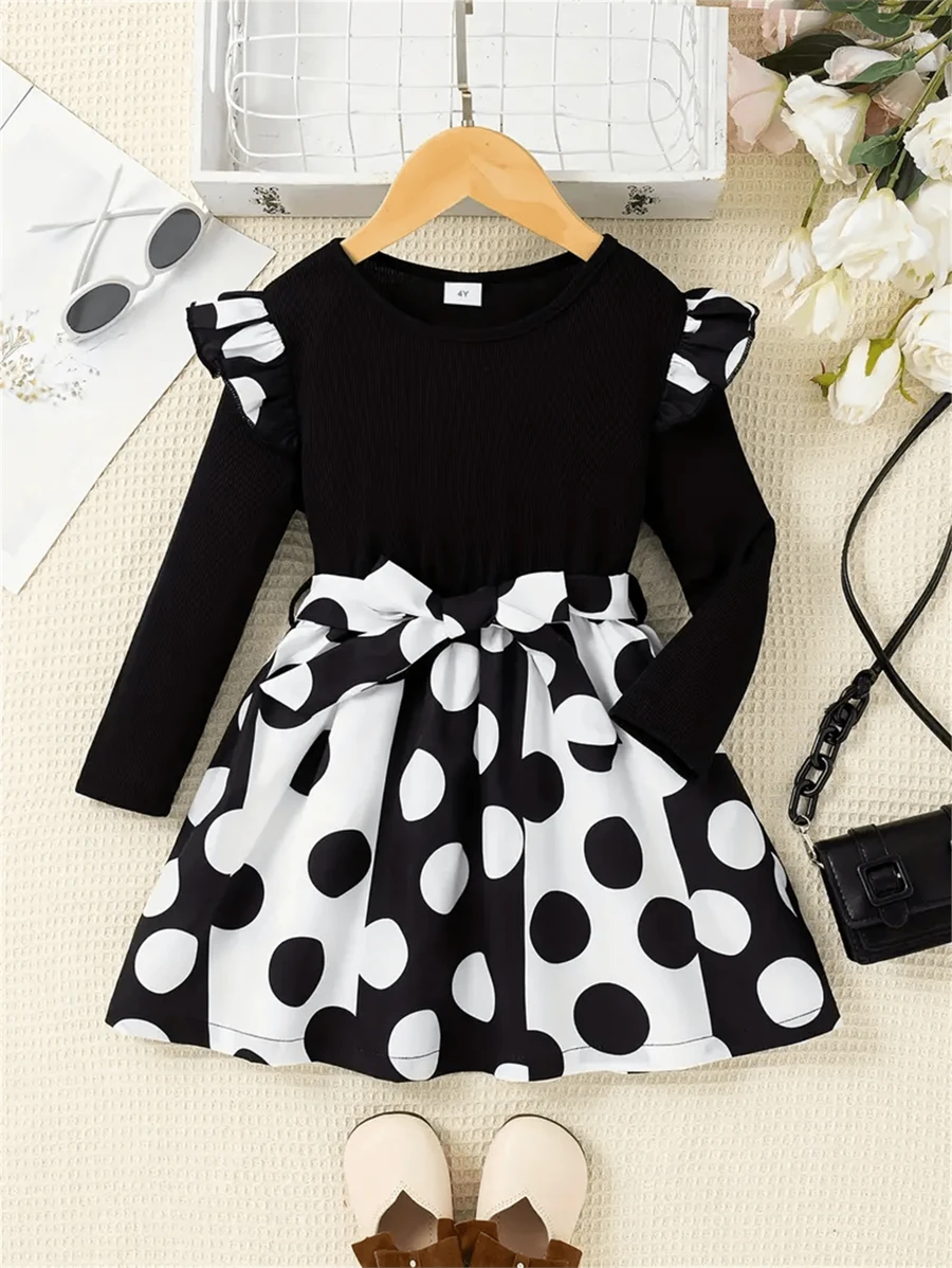 Young Girl Long Sleeve Polka Dot Belted Party Dress, Autumn/Winter