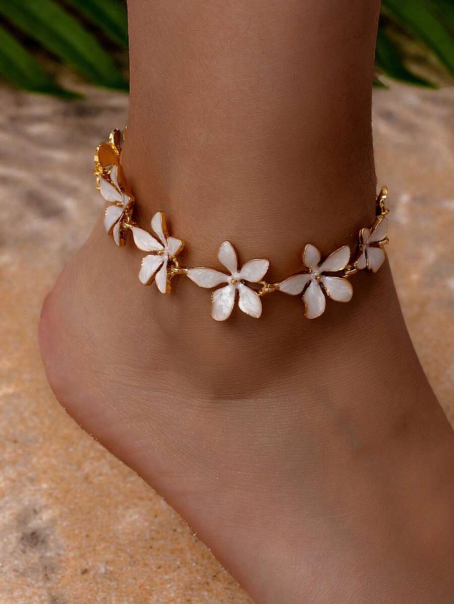 1 pieza Tobillera de aleación plateada en 18K con esmalte y flor en 3D, joyería de pie elegante con vibra de pintura al óleo vintage para mujer