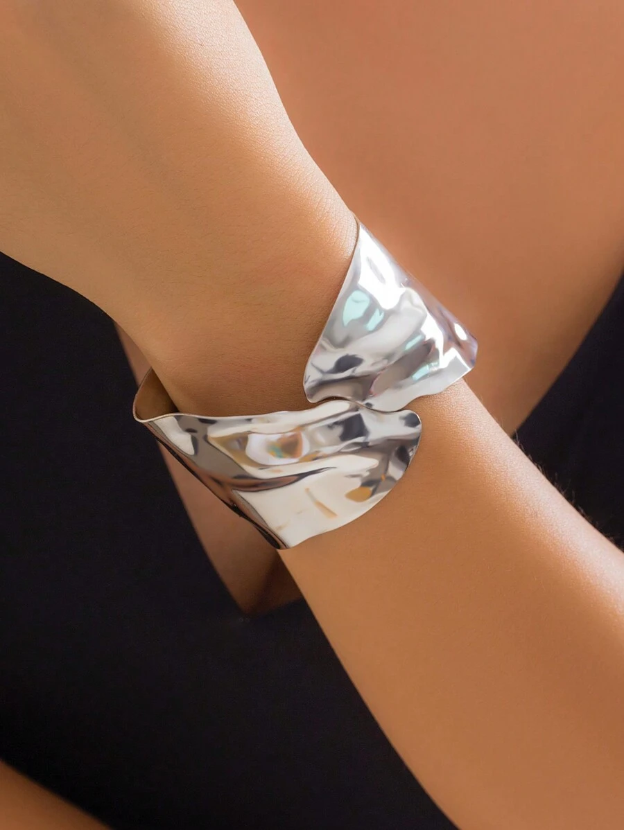 1pc Punk Rock Metal Wide Open Cuff Bracelet, Ladies Silver Color Fashion Jewelry, Wedding Party Gift, Daily Wear