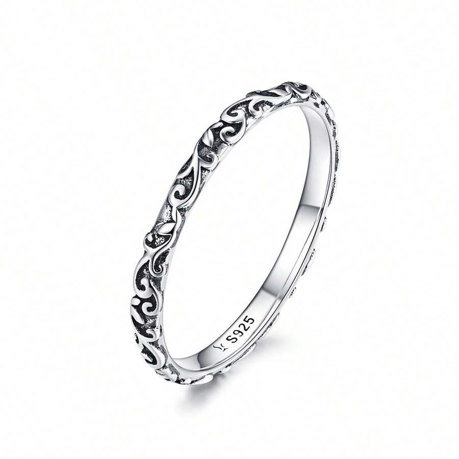 WOSTU 1pc 925 Sterling Zilver Vintage Bloemenpatroon Stuk Ring Dames Sieraden Fijne sieraden Dagelijks gebruik Geschenken