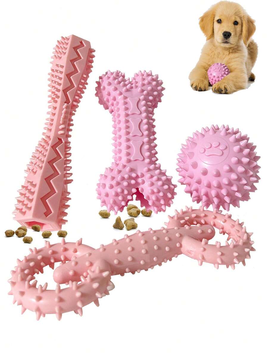 4 paquetes de juguetes para cachorros de 2 a 8 meses, juguetes para masticar de perros, limpieza de dientes de cachorros, dispensador de alimentos, hueso de goma suave, pelota divertida, rosquilla interactiva, mancuerna de premio para perros pequeños y medianos, color rosa