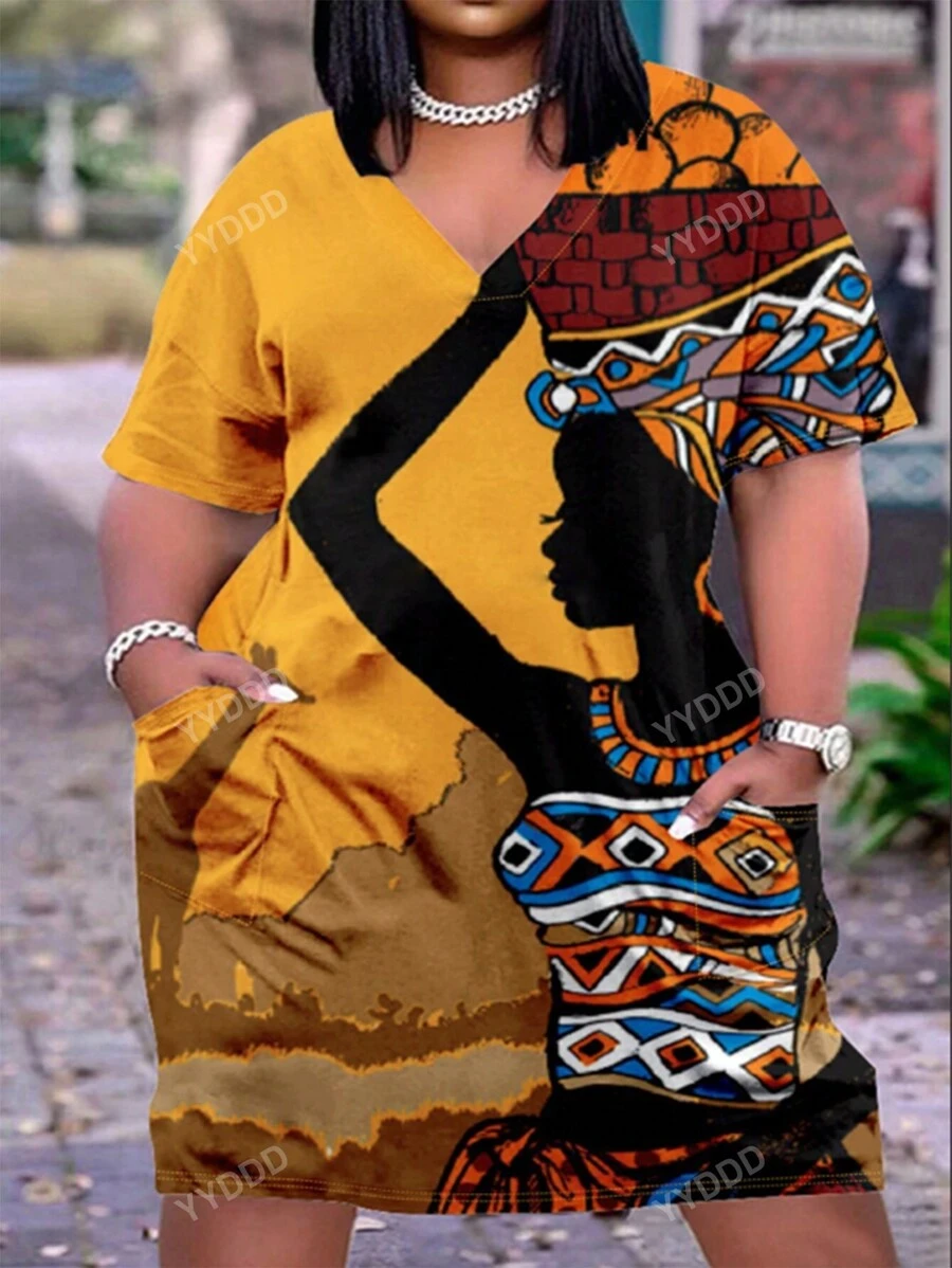 Plus Size Stylish Printed V-Neck Vacation Style Dress With Pockets, For Summer