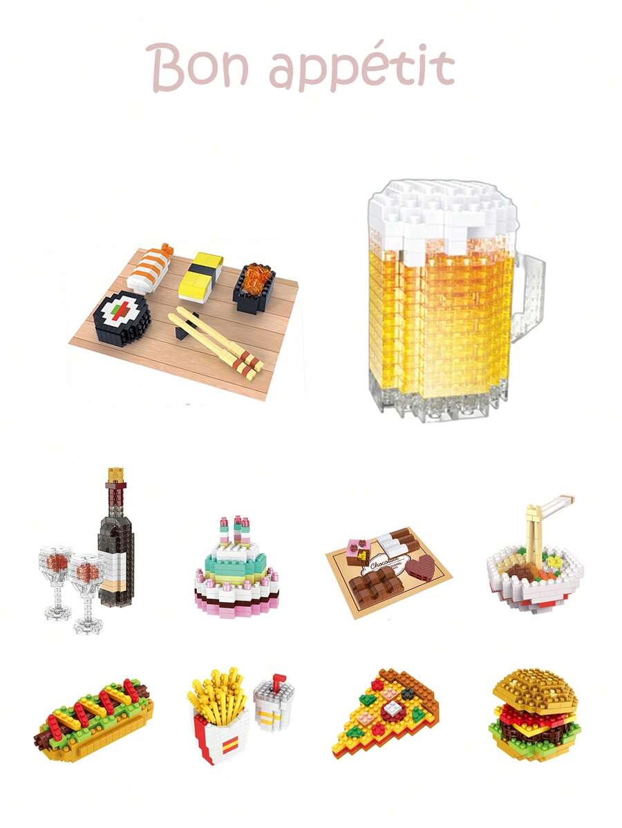1 Blocs de construction alimentaires, blocs de construction de crème glacée, blocs de construction de gâteau, blocs de construction de vin rouge, blocs de construction d'orange, blocs de construction de gâteau, blocs de construction de kiwi, blocs de construction de sushi, blocs de construction de chocolat, série de blocs de construction alimentaires DIY, cadeau d'anniversaire, mini blocs de construction, décoration de bureau, soulagement de la pression
