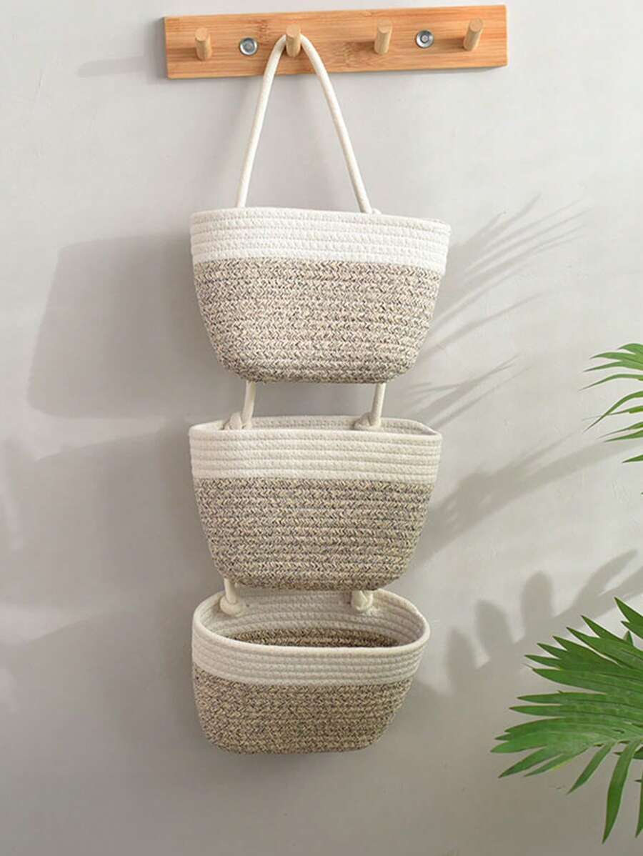 1pc 3-Tier Rope Woven Hanging Storage Baskets - Detachable Decorative Organizers For Living Room, Bathroom, And Bedroom, Over The Door Hanging Basket With Multiple Storage Compartments