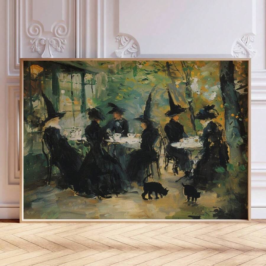 1pc Witch Cafe Poster, Witchy Impressionist Print, Halloween Witches And Black Cats Wall Art, Posters For Living Room, Bed Room, Modern Canvas Posters For Room, Room Decoration Stuff, Home Decor ,Room Decor Aesthetic, Western Decor, Bathroom Kitchen Office Decor Halloween Decor Fall Decor