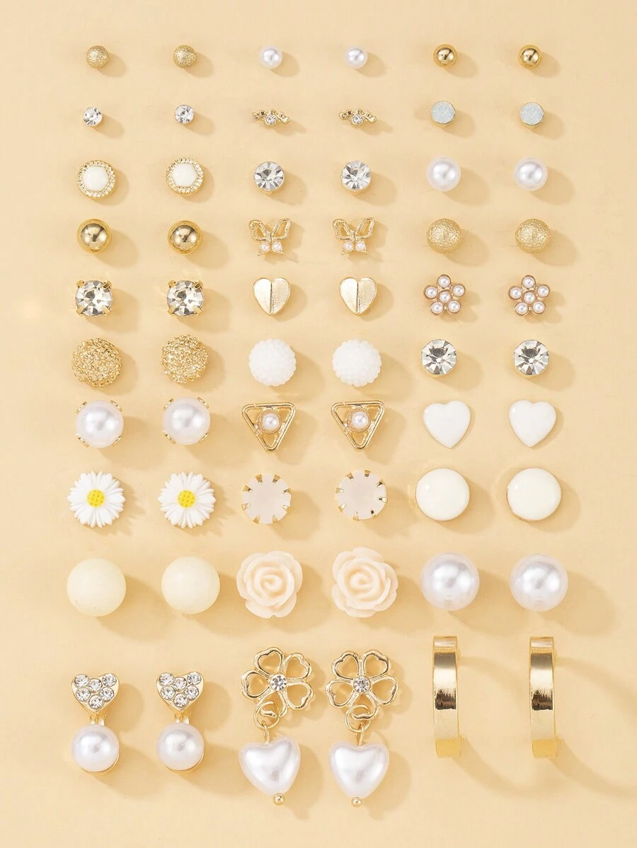 30pcs/Set Elegant Minimalist Metal Faux Pearl Floral, Heart & Bow Rhinestone Stud Earrings Luxury Gift Set For Women