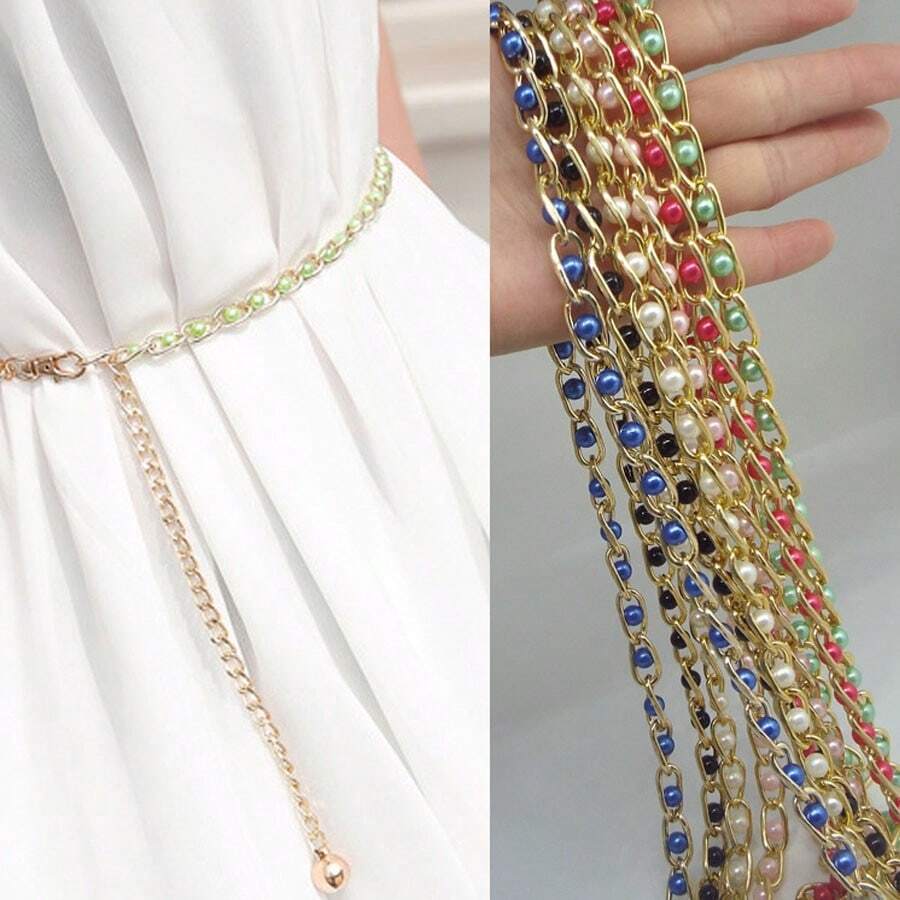 1pc Women's Fashion Woven Faux Pearl Waist Chain, Belly Dance Costume Decor Skinny Waist Belt