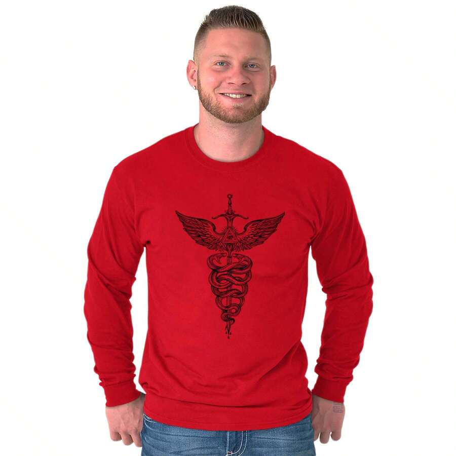 Caduceus Medical Symbol Sword Snakes Long Sleeve TShirt Men