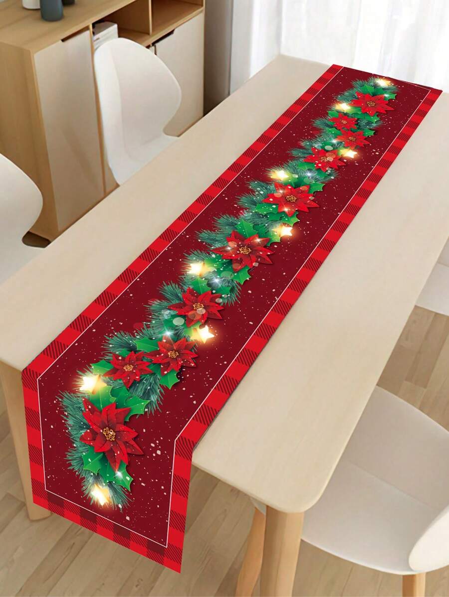 1Pc Polyester Christmas Table Runner Tablecloth Table Cover, Green Leaves And Red Flowers Pattern, Christmas Decor, Christmas Home Decor, Xmas Desktop Center Decor, Merry Christmas, Party Favor, Noel, Christmas, Christmas
