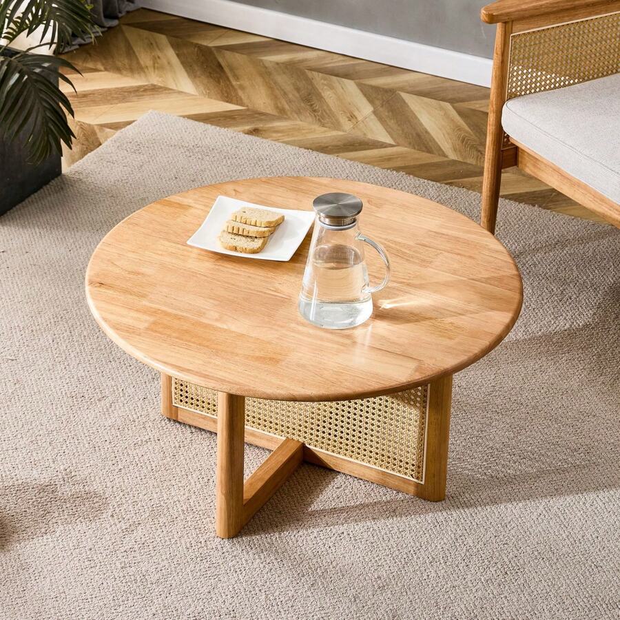 LZ Home Elegant Wooden Coffee Table With Faux Rattan Accents Perfect For Stylish Living Rooms And Cozy Tea Time