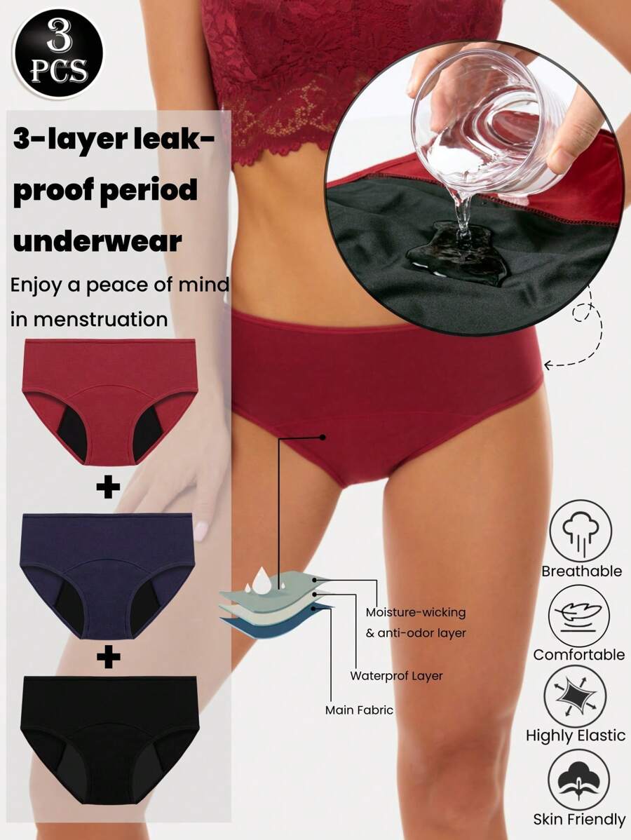 3 piezas/Paquete Bragas menstruales a prueba de fugas para mujeres, de unicolor, sencillas, ropa interior de seguridad transpirable
