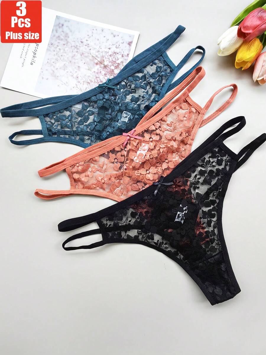 3 piezas de tanga para mujer de talla grande, de color liso, de cintura baja, transparente y con encaje calado