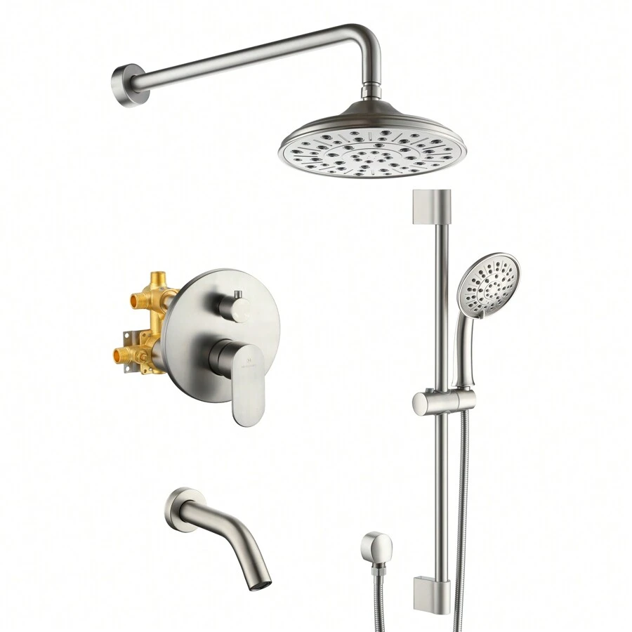 MONDAWE 8 Inch 3-Functions Wall Mounted Rainfall Shower Body Round Top Spray System With Handheld