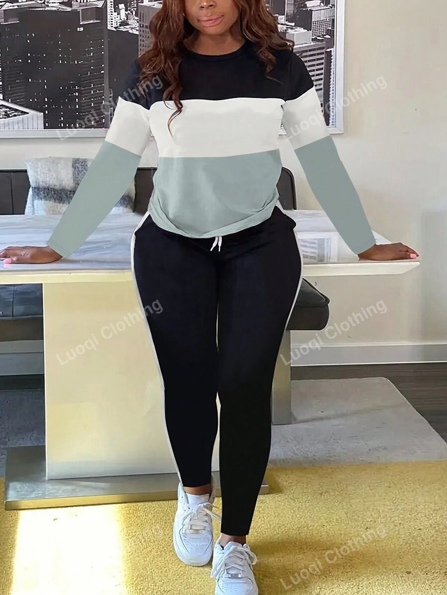 2pcs Colorblock Round Neck Long Sleeve T-Shirt And Pants Set, Spring Autumn Winter