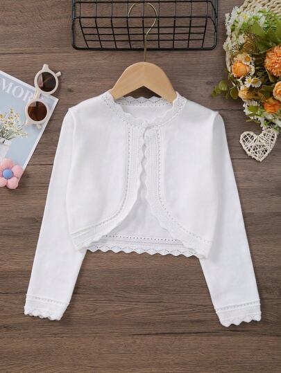 Young Girl Elegant Solid Color Long Sleeve Hollow Out Knitted Cardigan, Autumn