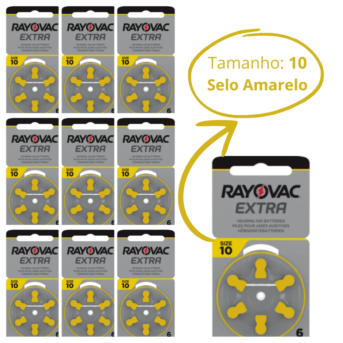 60 Baterias / Pilhas para Aparelho Auditivo RAYOVAC - tamanho 10 - selo AMARELA