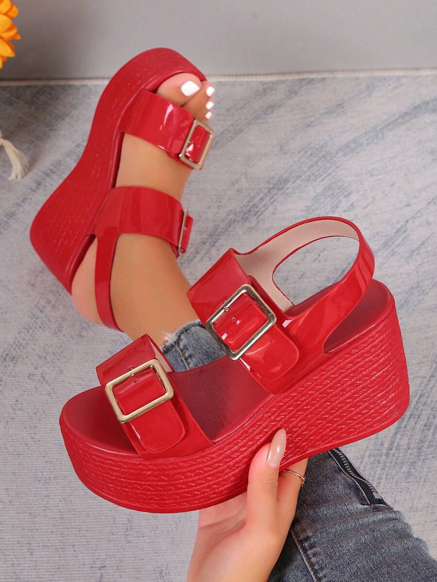 Damen Plateau Keilsandalen, Rote Farbe mit verstellbarer Schnalle, dicker Boden, Schlappen, Lässig Sommerschuhe