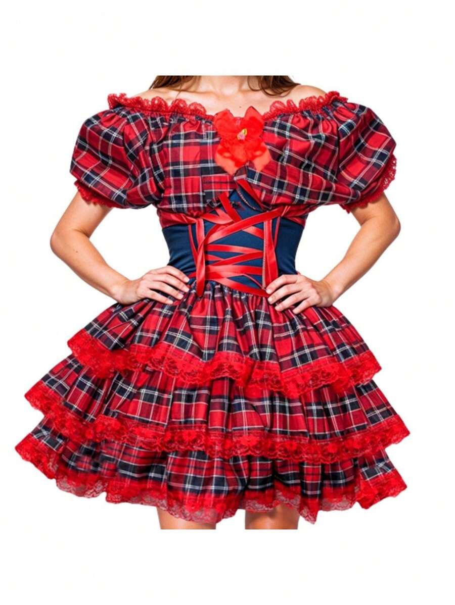 Vestido Feminino de Festa Junina Luxo Xadrez Super Rodado Acinturado Com Espartilho Tamanhos do 32 a 50