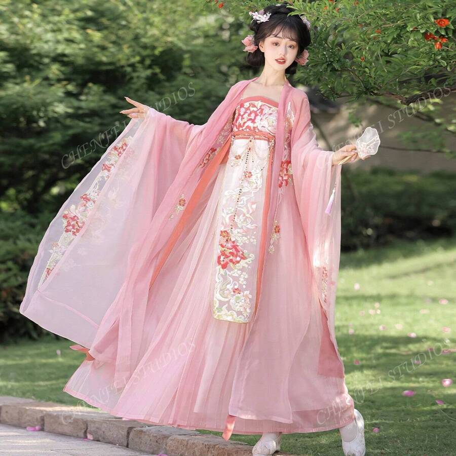Peach Blossom Pattern Heavy Embroidery Original Han Clothing Open-Front Wide Sleeves, Paired With A Chest-High Connected Skirt For Daily Wear, Commuting, Traditional Festivals.