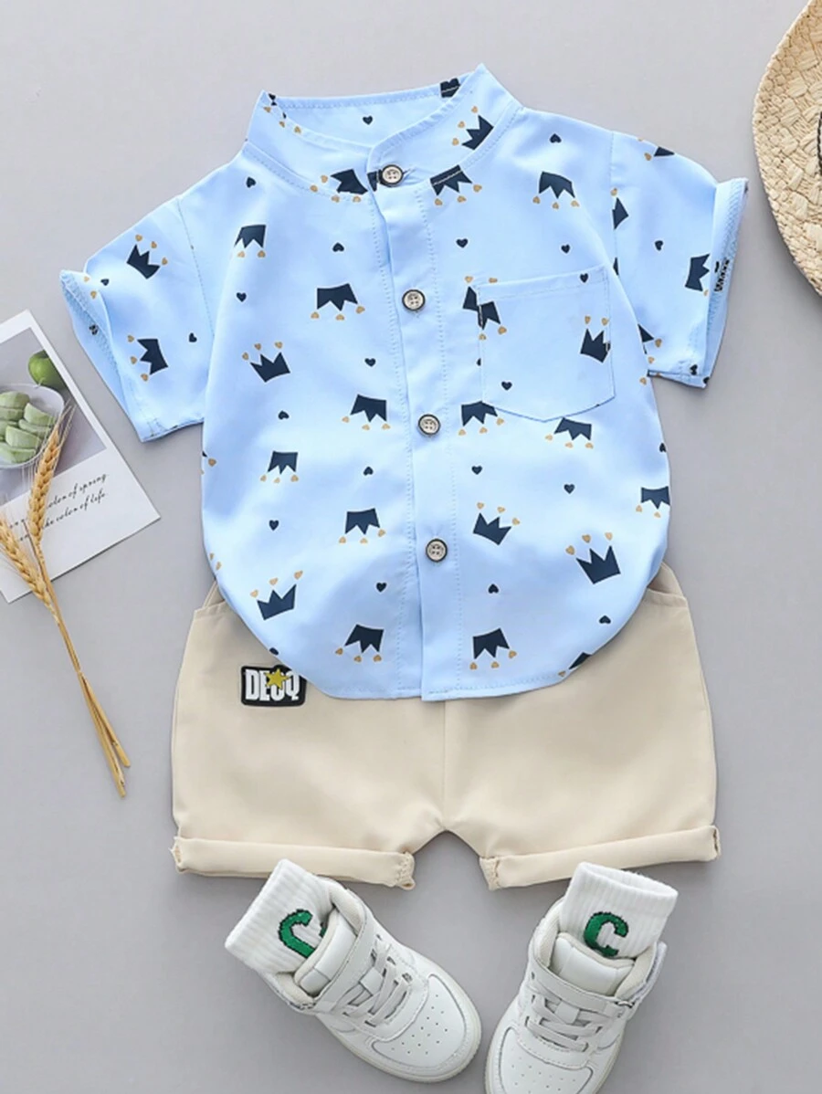 2pcs Baby Boy Summer Fashionable Crown Print Short Sleeve Shirt And Shorts Set With Stand Collar
