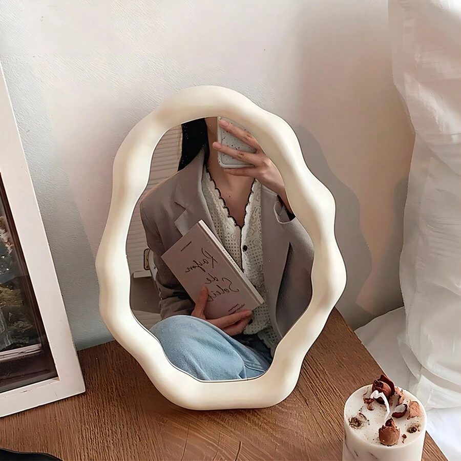 CASEGRACE 1pc Asymmetrical Aesthetic Tabletop Makeup Mirror, Plastic Adjustable Vanity Mirror With Glass Surface For Bathroom, Office & Bedroom, No Electricity Needed, Wedding Decor Best
