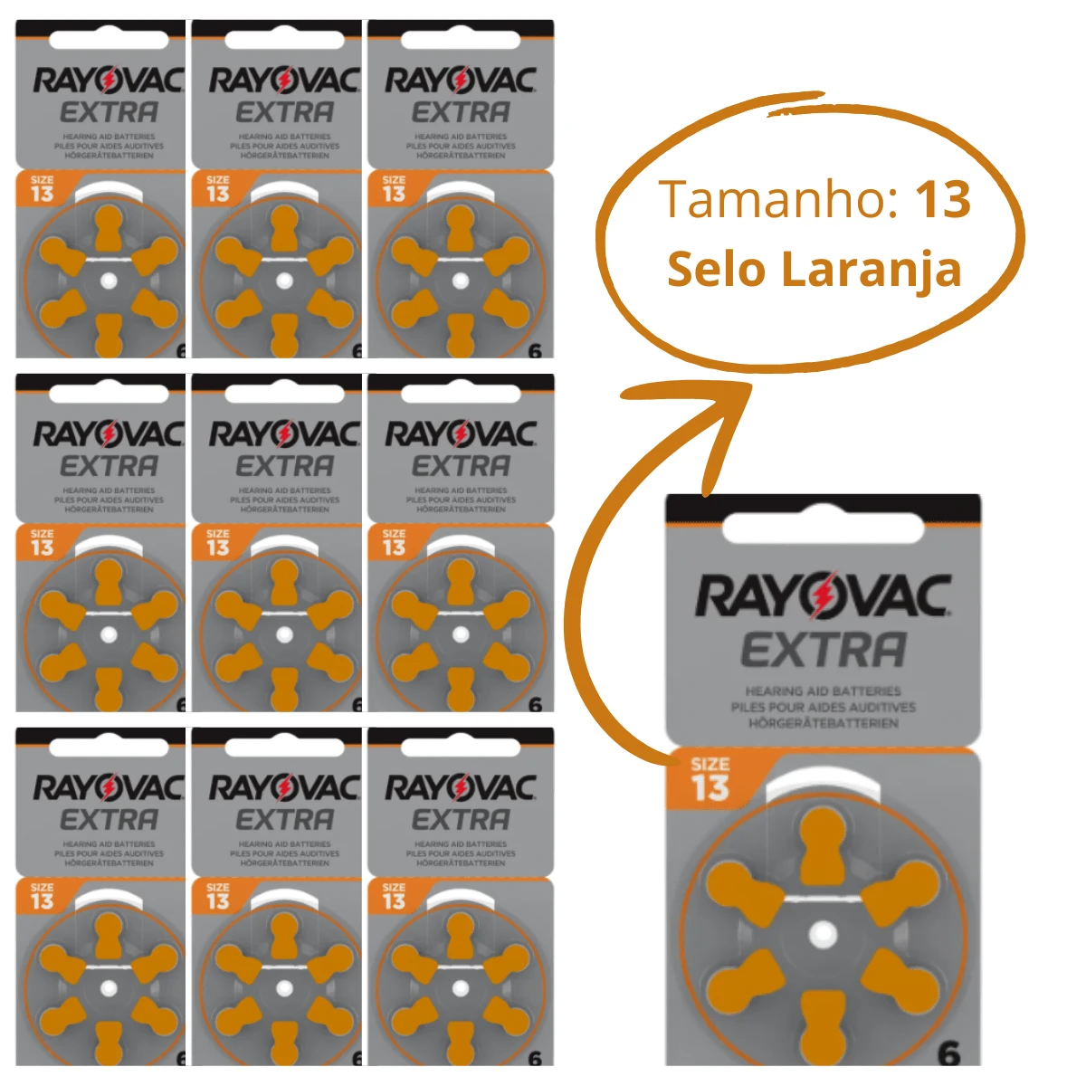 60 Baterias / Pilhas para Aparelho Auditivo RAYOVAC - tamanho 13 - selo LARANJA
