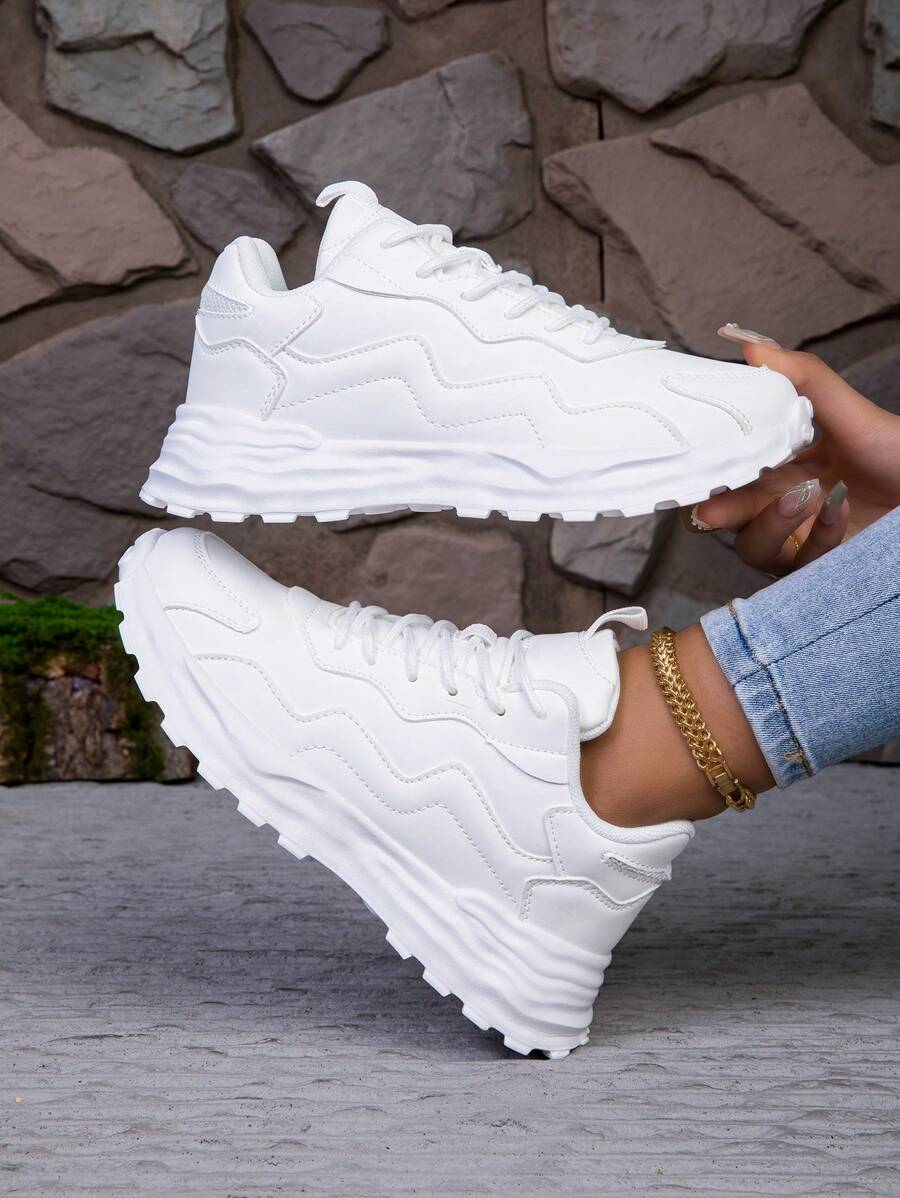 Women's Lace-Up Casual Sneakers, Spring Autumn, New Fashion PU Leather, White, Comfortable Soft Soles, Lightweight