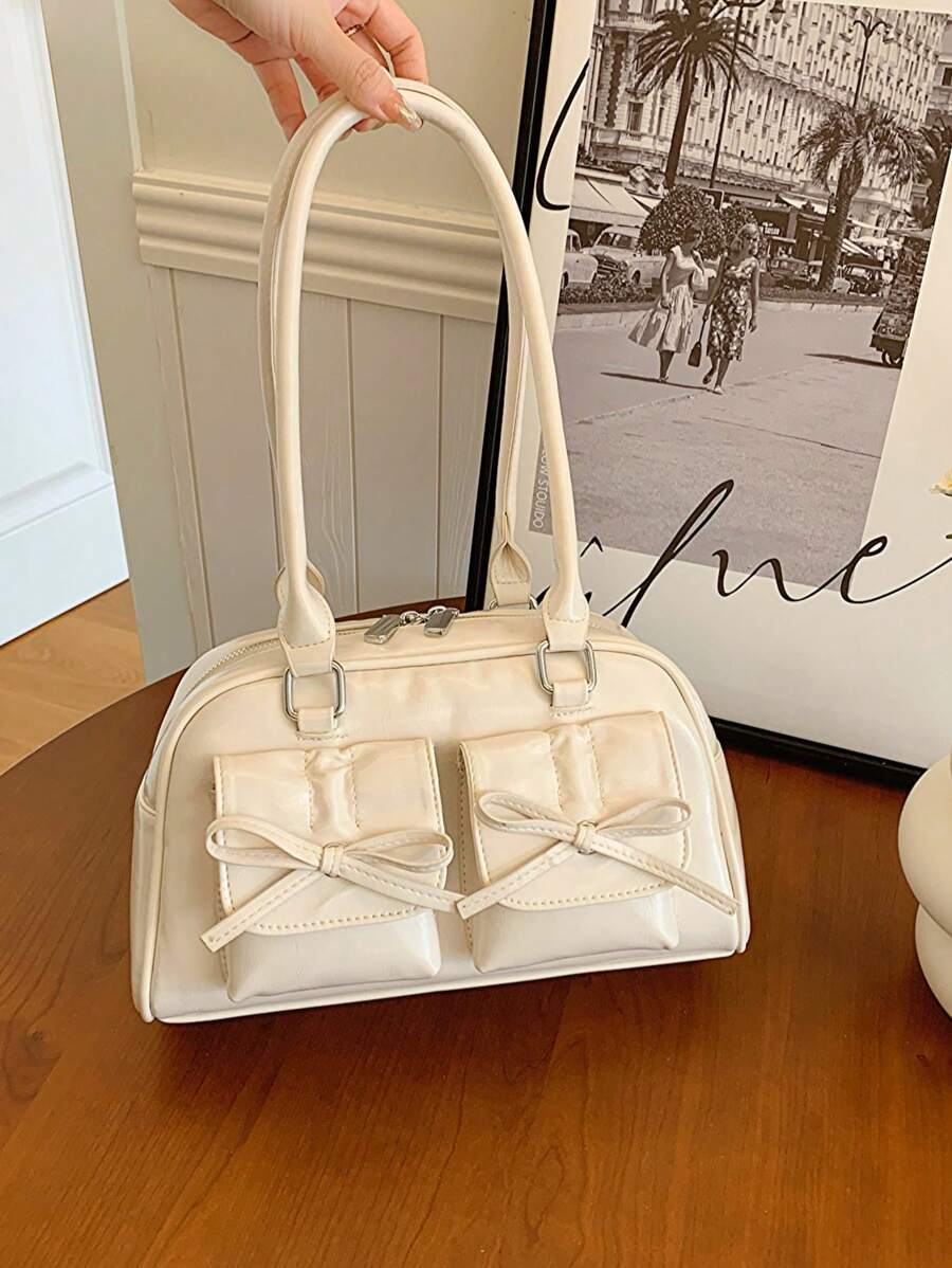 Multi-Pocket PU Leather Satchel Bag Women, Vintage Simple Fashion Bowknot Decor, Suitable For Commuting And Travel, Large Capacity Shoulder Bag