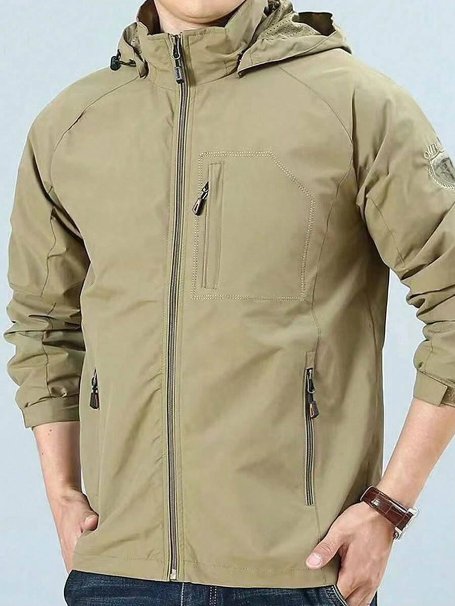 1pc Men's Outdoor Windbreaker Jacket, Multi-Pocket Khaki Hooded Sportswear Coat