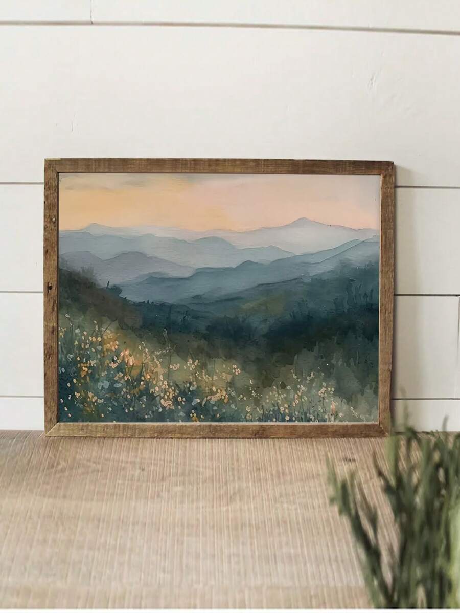 1 pieza Arte de impresión en lienzo de acuarela de montaña de humo y flor de primavera - Póster de paisaje de bosque sin marco, adecuado para decoración del hogar u oficina