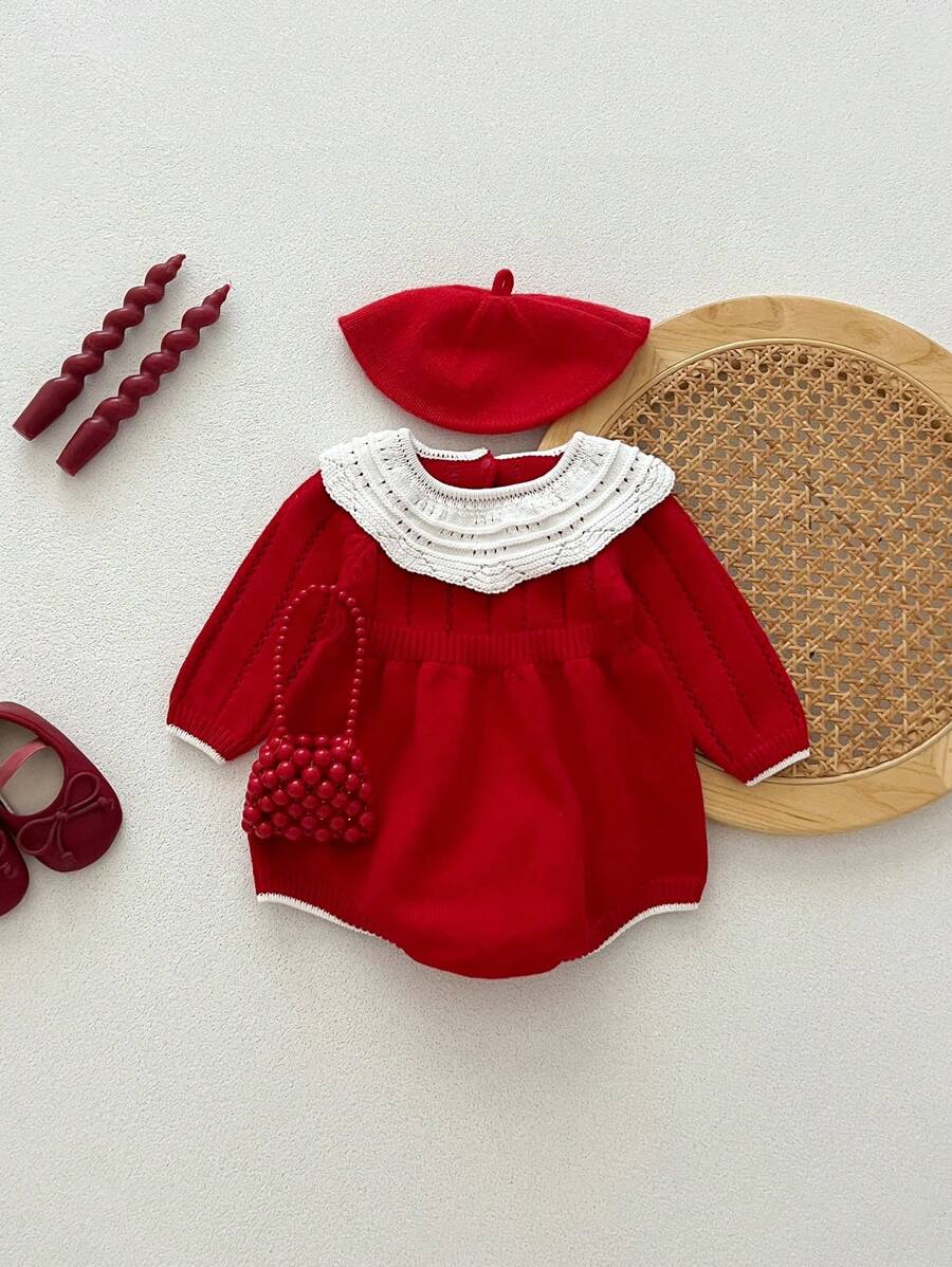 Barboteuse à col volant en tricot pour bébé fille nouveau-né, tenue d'automne hiver noël