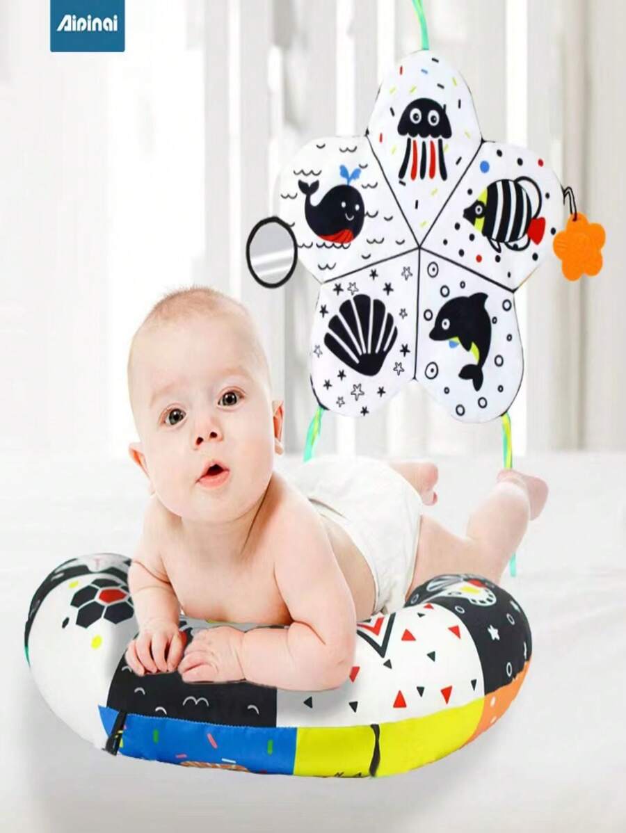 Vocheer Tummy Time Pillow With Crinkle Pad And Teether, Black And White High Contrast Baby Toy With Mirror, Montessori Sensory Crawling Toy, Suitable For 0-3 Years Old Baby Toys, Baby Toys, Teething Toys, Baby Bath Toys
